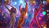 1970s Disco Dancing. A group of friends grooving to the funky beats at a discotheque, wearing flashy disco attire, and dancing under glittering disco balls during the disco era of the 1970s