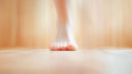Aufkleber - Abstract Morning Step Blurred Foot in a Slipper on Wooden Floor