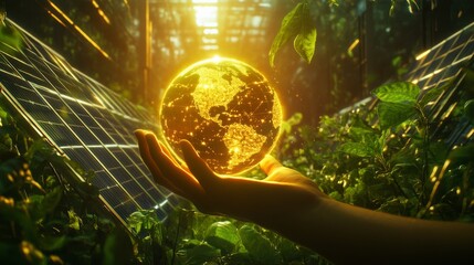 A glowing globe held in a hand, surrounded by lush greenery and solar panels, symbolizing sustainability and the connection between nature and technology.