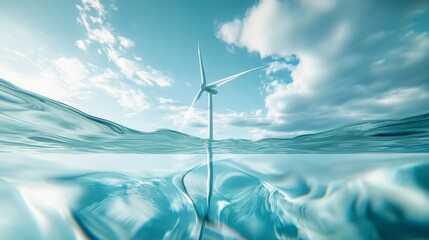 a wind turbine emerges from the ocean, surrounded by tranquil waters and a dramatic sky, symbolizing