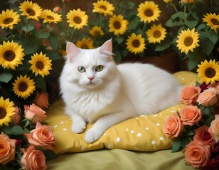 Wall Mural - A small white cat with a fluffy tail, dressed in a cute pastel yellow dress with tiny polka dots, lying on a bed of flowers, looking at the camera with big, bright eyes
