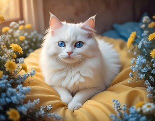 Wall Mural - A small white cat with a fluffy tail, dressed in a cute pastel yellow dress with tiny polka dots, lying on a bed of flowers, looking at the camera with big, bright eyes
