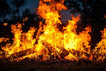 A large, intense fire with vivid orange and yellow flames consuming wooden material isolated in  a dark background. Bright flames rising and moving at dark nigh in blurred background