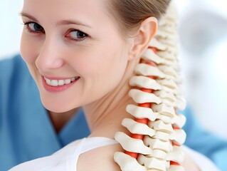 A smiling woman showcases a model of the human spine, emphasizing health and anatomy in a clinical setting.