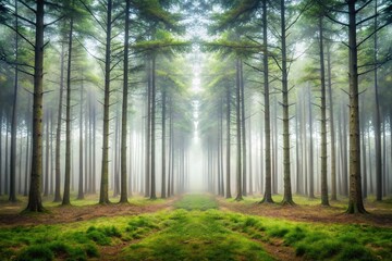 Wall Mural - Majestic forest with trees and fog in background