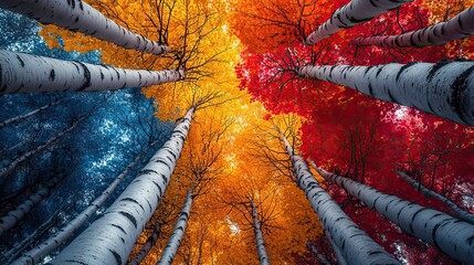 Low-angle photograph of autumn trees with vibrant leaves, showcasing the beauty of the forest canopy