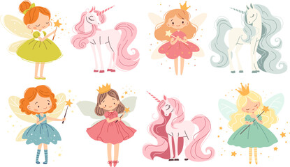 Set of flat vector illustrations in children's style. Cute fairies and unicorns with magic wands on white background. Vector illustration