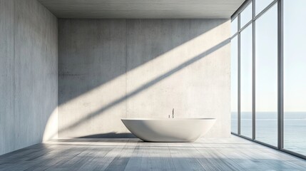 Sticker - Minimalist bathroom interior with an empty space highlighted by light concrete walls and grey wooden flooring. The bathroom offers a large window allowing ample daylight and a scenic view.