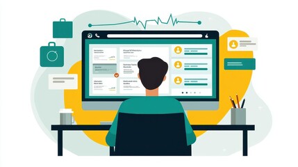 Poster - A person sitting at a desk, engaged with a computer screen displaying various digital elements, indicating tasks or notifications.