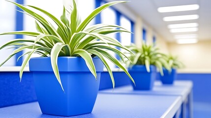 Wall Mural - Office Plants in Blue Pots Light Gradient Background with Room for Typography