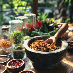 Thai Herbal Medicine Experimentation and Extraction Process, Featuring Colorful Traditional Herbs, Laboratory Equipment, and Scientific Analysis