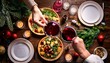 © Daniel - above head view of Hands of two People tasting with glasses of red wine on Christmas day above a festive table