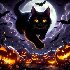 A sleek black cat with glowing yellow eyes leaps through the air, its fur bristling as it weaves through Jack-o'-lanterns and bats. The witch’s familiar adds a touch of feline grace to the chaotic Hal