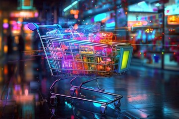 Futuristic Commerce: A shopping cart filled with colorful holographic items, representing the future of e-commerce. 