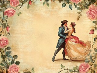 Vintage Dance Scene with Roses Border.