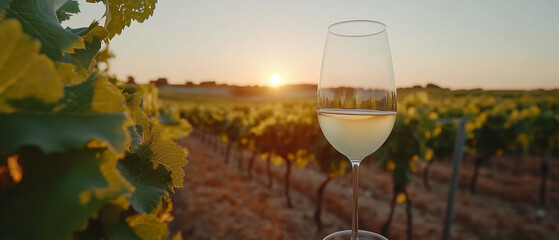 Glass of White Wine in Vineyard at Sunset.