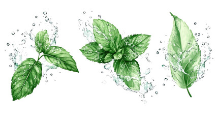 Poster - fresh peppermint leaves splashed with water on transparent background generative ai