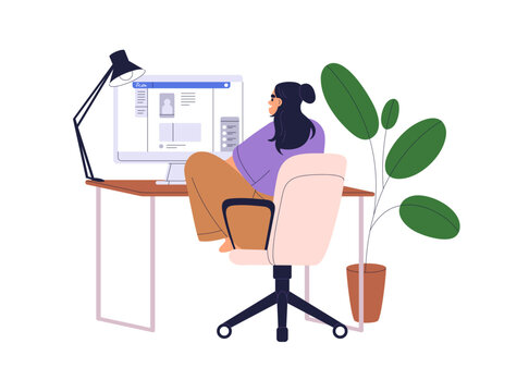 Woman sitting at desk, looking at computer screen, browsing internet, social media. Female at table, PC, view from back, behind. Home office. Flat vector illustration isolated on white background