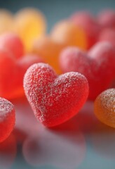 Wall Mural - Close-up shot of colorful heart-shaped gummies with a sugar coating, reflecting in soft lighting