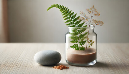 Poster - A serene arrangement featuring a fern and delicate flowers in a glass jar, complemented by a smooth stone, creating a calming natural aesthetic.