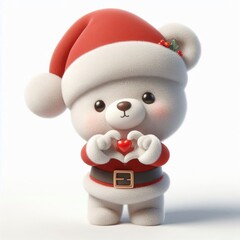 Wall Mural - 3d Cute fluffy christmas bear doing mini heart pose, full body, white background