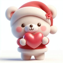 Wall Mural - 3d Cute fluffy christmas bear doing mini heart pose, full body, white background