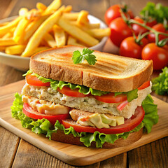 a sandwich with tomatoes, lettuce, and tomatoes on a cutting board.