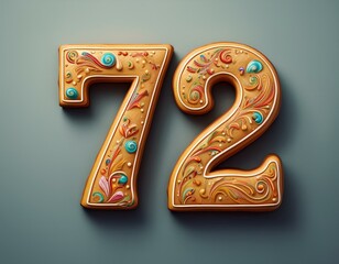 Decorated cookie, number 72, image for birthday or anniversary celebration