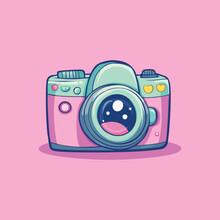 Cartoon Pastel Camera Illustration on Soft Pink Background with Heart Details