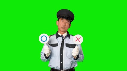 Poster - マルかバツかで悩む男性警備員　クロマキー合成用グリーンバック動画