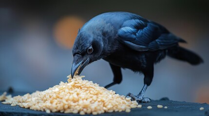 Close-up of a black bird eating a pile of rice on a blurred background, highlighting the bird's glossy feathers and focus on the food.