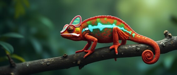 A chameleon with bright scales moves carefully along a branch.
