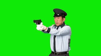Fototapete - ピストルを構える男性警察官　クロマキー合成用グリーンバック動画