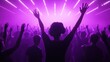 © Johannes - Bass. A crowd of people in silhouette raises their hands on dancefloor on neon light background. Night life, club, music, dance, motion, youth. Purple-pink colors and moving girls and boys.