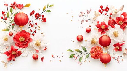 Poster - Festive Chinese New Year 2025 background featuring traditional red and gold decorations, lanterns, and zodiac symbols on a clean white backdrop