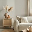 © Lasvu - Stylish living room interior with copy space, grey sofa, beige commode, clay vases, and personal accessories in neutral pastel colors. Template.