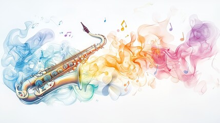 Poster - An artistic mix of saxophone and trumpet shapes intertwined with colorful waves and notes, set against a white background