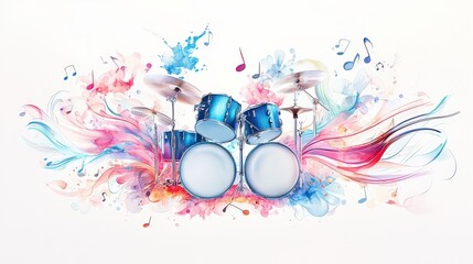 Poster - Eye-catching, vibrant collage of drums, guitar strings, and swirling neon notes, arranged on a pure white background