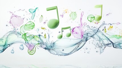 Fototapete - shot of green music notes and sound waves, layered with abstract paint textures on a white background