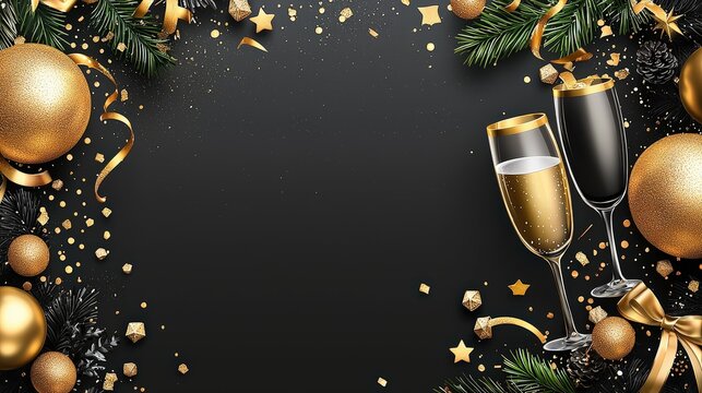 Luxury cartoon New Year's Eve flyer with gold and black decor, confetti, and champagne glasses, inviting and festive on a white background