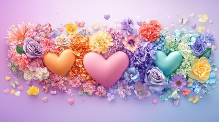 Poster - Vibrant soft sculptures shaped as hearts, showcasing rich textures and colors, beautifully displayed against a stunning purple gradient background, creating a romantic and artistic atmosphere
