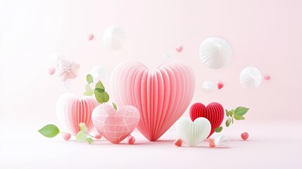 Poster - A creative scene showcasing an array of pink soft heart sculptures against a light pink background, emphasizing their softness and charm, perfect for gifts or decorative purposes.