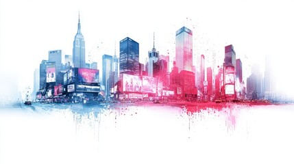 Poster - image of Times Square with large digital billboards, vibrant colors, and commercial displays on a clean white background