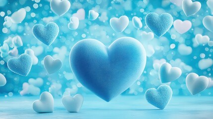 Poster - Vibrant soft sculptures shaped as blue hearts, artistically positioned against a rich blue heart background, creating a visually appealing scene filled with warmth and affection