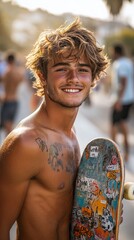 A teenage skateboarder with a confident smile