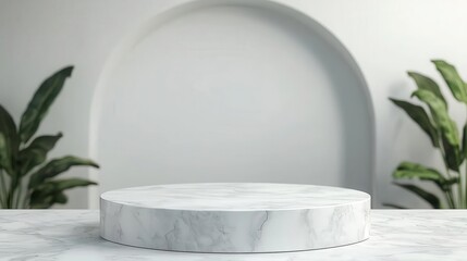Poster - A round marble display pedestal set against a soft, neutral background, perfect for showcasing culinary creations or products.