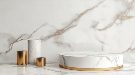 Poster - Elegant display of marble and metallic vases on a polished marble surface, perfect for showcasing products in stylish interiors.