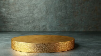 Poster - A polished gold circular pedestal on a textured surface, ideal for showcasing products or artworks in various artistic presentations.