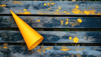 Canvas Print - A yellow paper cone rests on a wooden bench, creating an interesting contrast. This yellow paper cone adds a vibrant touch to the rustic wooden bench, perfect for creative compositions.