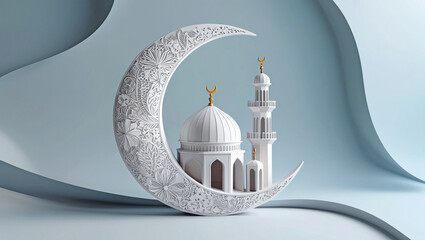 Crescent Moon and Muslim Mosque for Ramadan Kareem